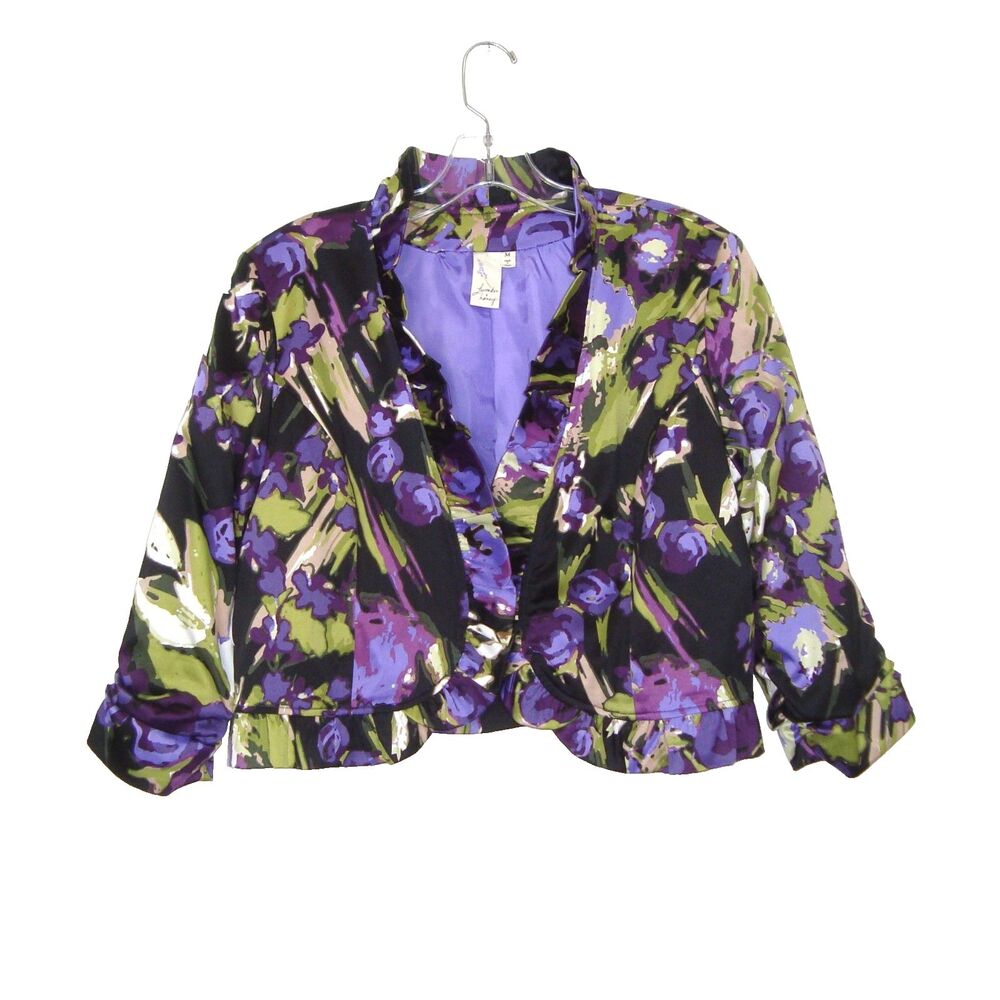 Lavender & Honey Floral Pattern Ruffle Accent Lined Bolero Jacket